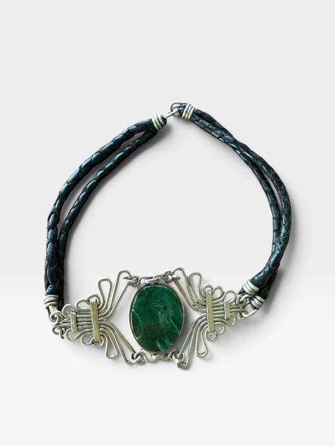 Artisan Wirework Bracelet with Green Stone and Leather