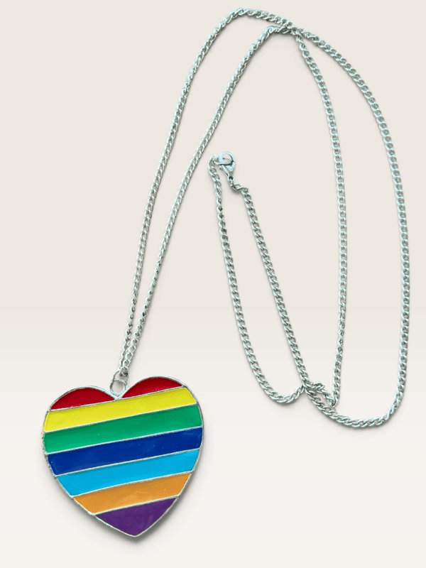 Rainbow Striped Heart Pendant Necklace - Silver Tone