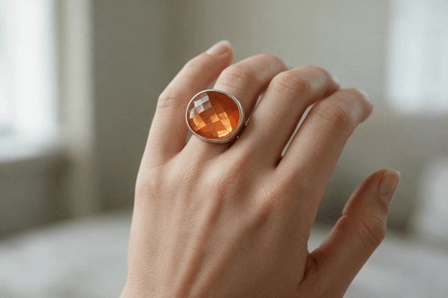 Chunky Orange Faceted Cocktail Ring, Silver Tone