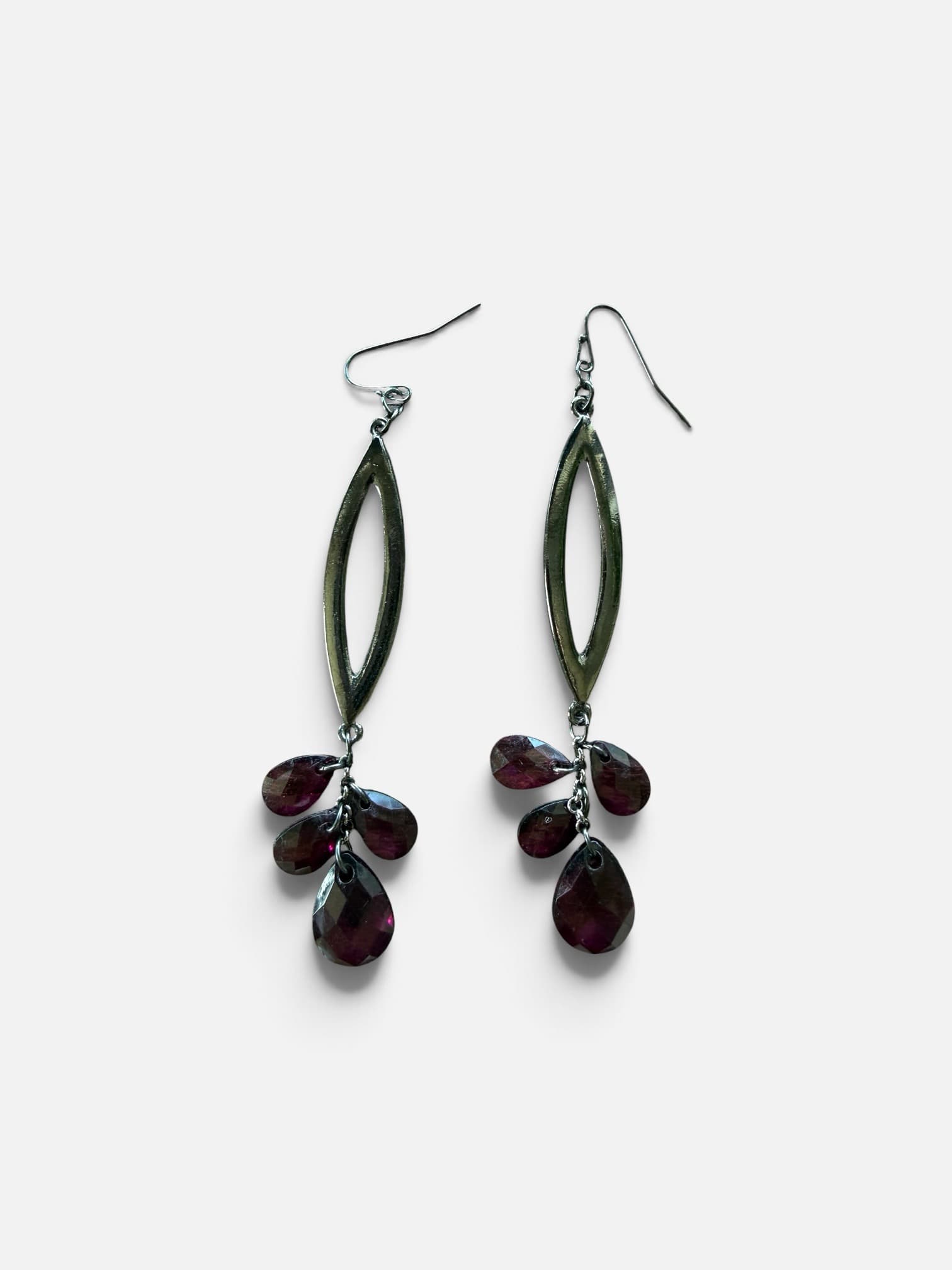 Long Gunmetal Drop Earrings with Faceted Garnet-Tone Beads