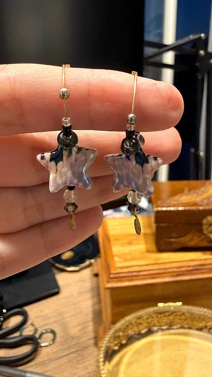 Glass Star Dangle Earrings - Blue & White Swirl