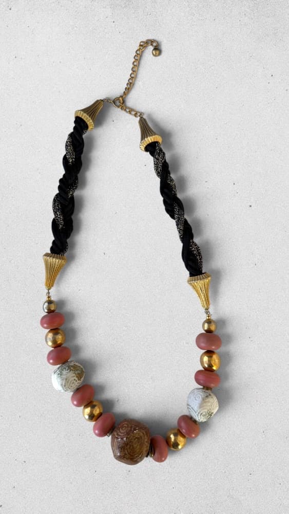 Chunky Beaded Statement Necklace - Black & Gold Tone