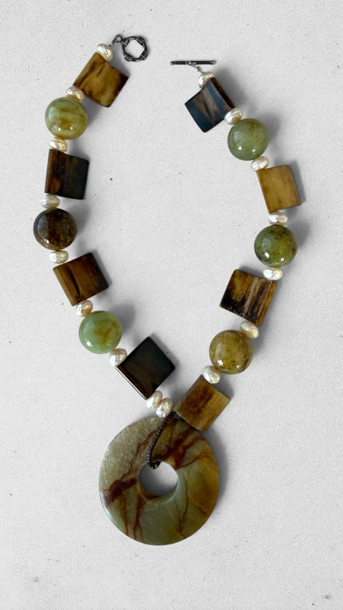 Jade Donut Pendant Necklace with Wood & Pearl Beads