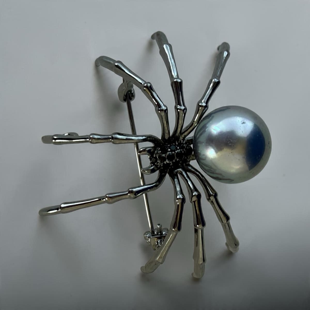 Spider Brooch with Large Faux Pearl and Black Stones