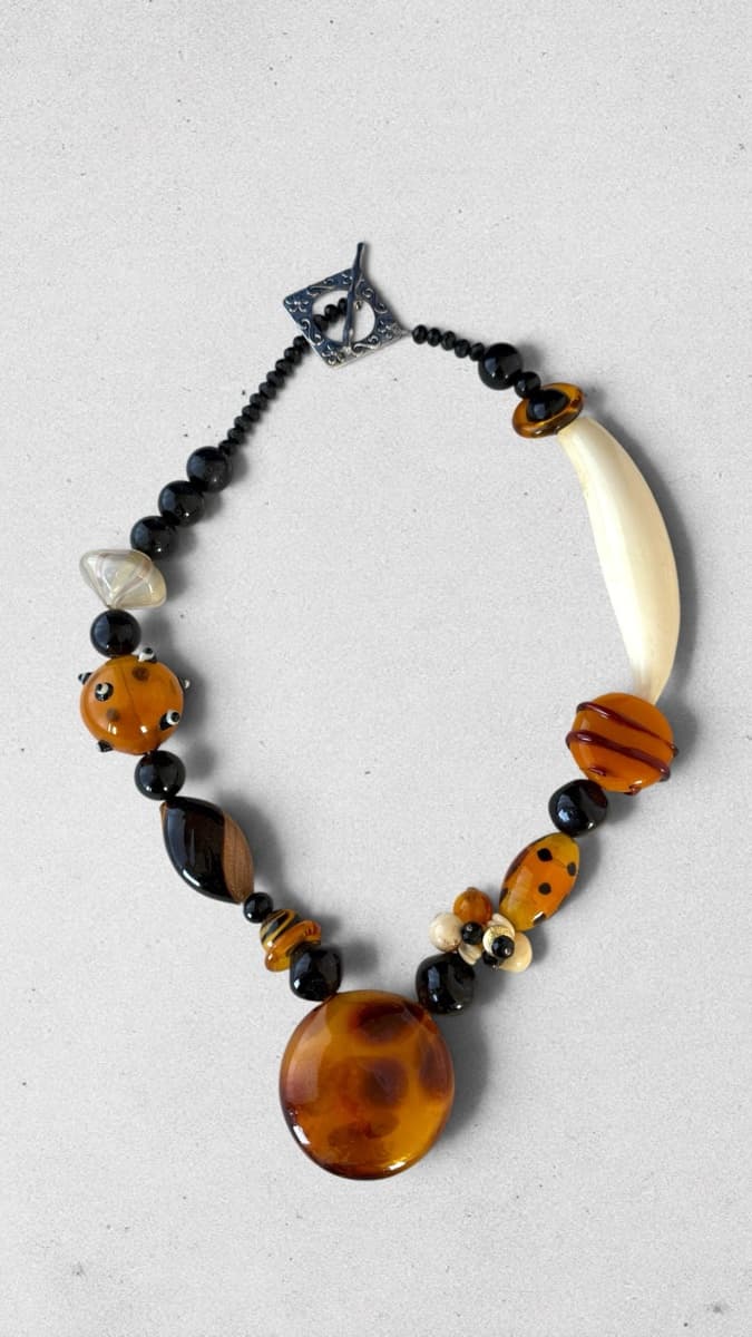 Artisan Glass & Bone Bead Necklace with Toggle Clasp
