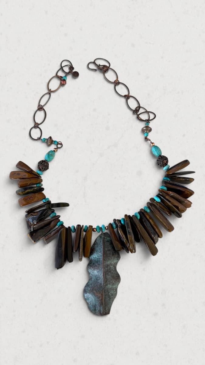Artisan Hammered Copper Leaf & Tiger's Eye Necklace