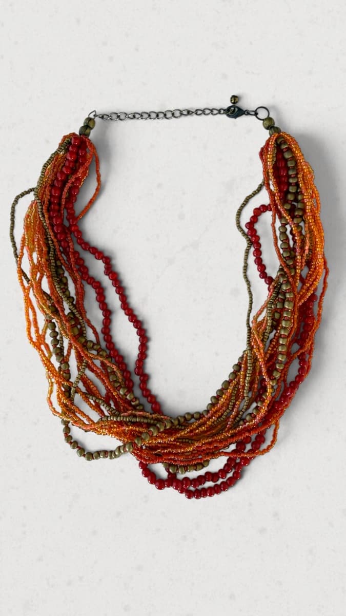 Multistrand Beaded Necklace - Orange, Red & Bronze