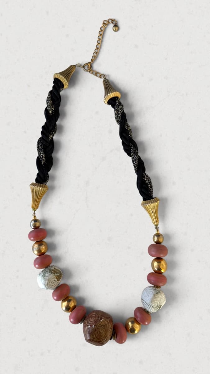 Chunky Beaded Necklace with Black Rope Twist