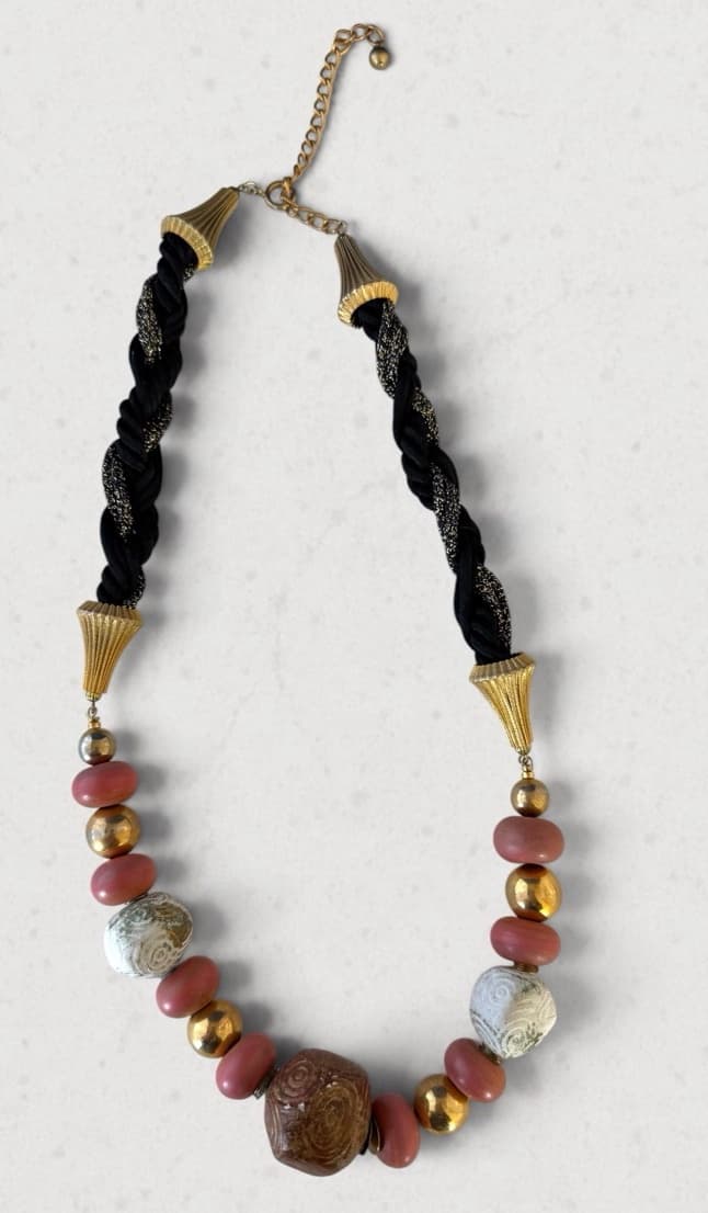 Chunky Beaded Necklace with Black Rope Twist