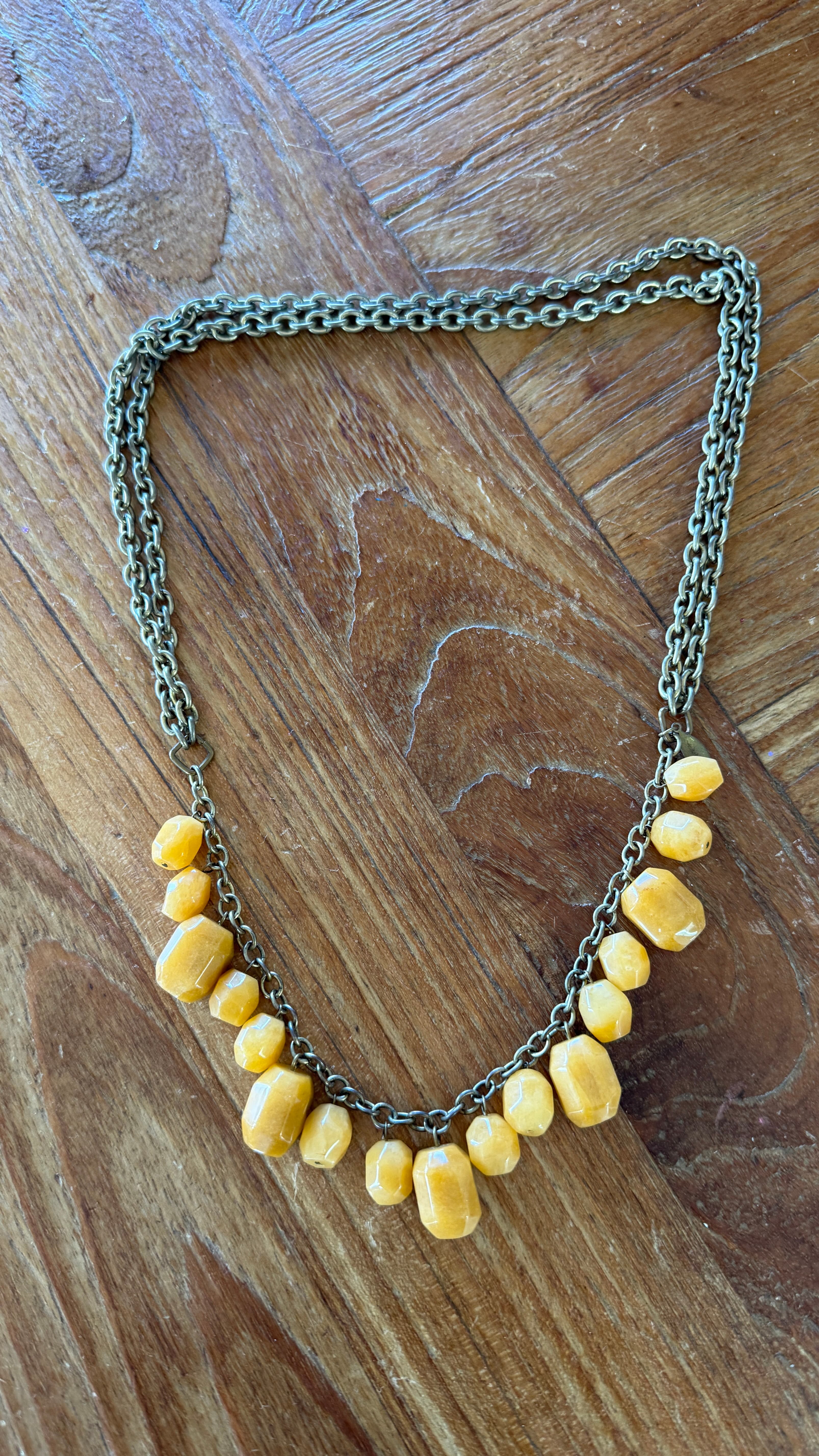 Yellow Jade Bib Necklace on Antiqued Brass Double Chain
