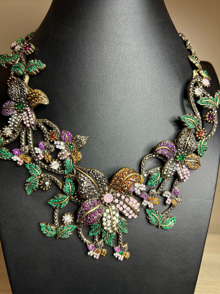 Zara Statement Floral Crystal Necklace - Gold Tone