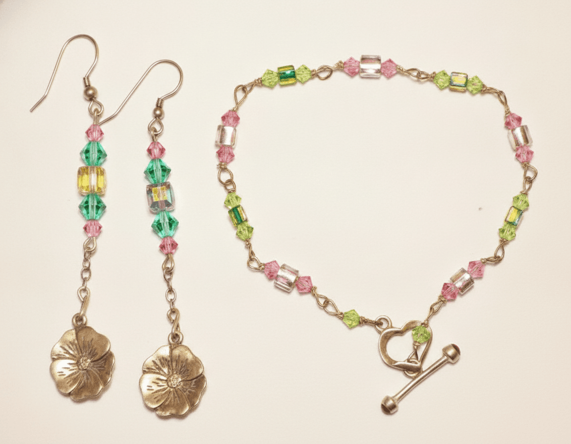 Floral Charm Dangle Earrings & Beaded Bracelet Set STERLING SILVER