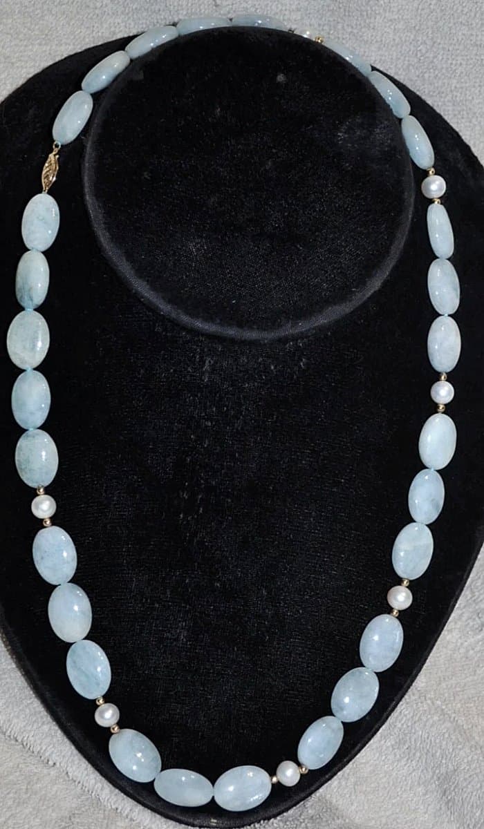 Aquamarine and Pearl Beaded Necklace 14K clasp 22"