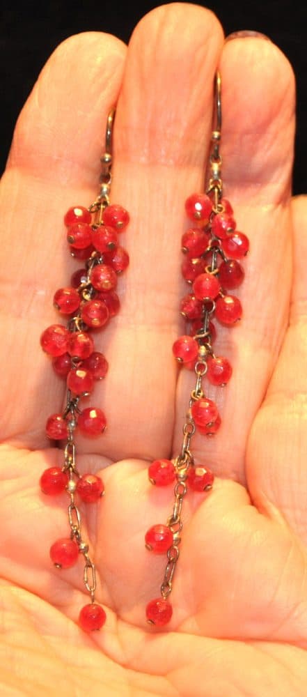 Red Beaded Dangle Earrings, grape cluster sterling silver