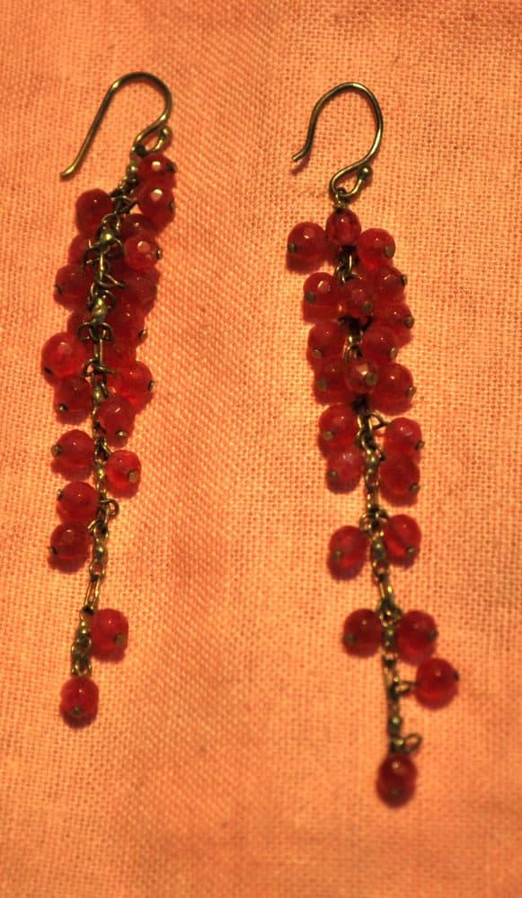 Red Beaded Dangle Earrings, grape cluster sterling silver