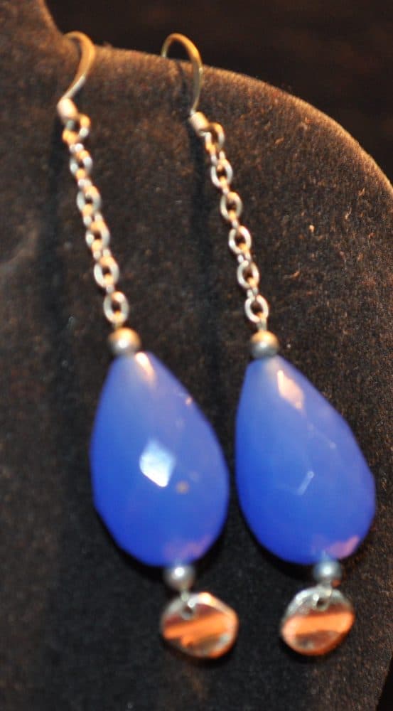 Blue Chalcedony Teardrop Dangle Earrings, sterling silver Chain