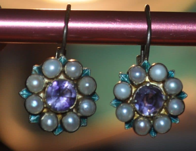 Vintage Amethyst Pearl Leverback Earrings, Gold Tone sterling silver