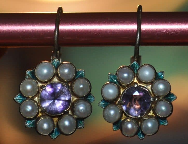 Vintage Amethyst Pearl Leverback Earrings, Gold Tone sterling silver