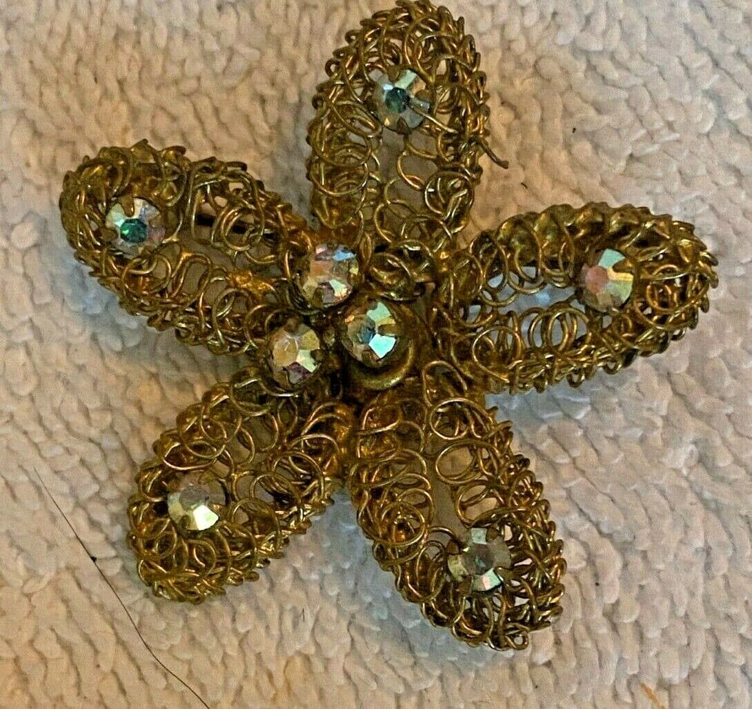 Vintage AUSTRIA Signed Gold wire crystal Flower BROOCH Pin starfish star
