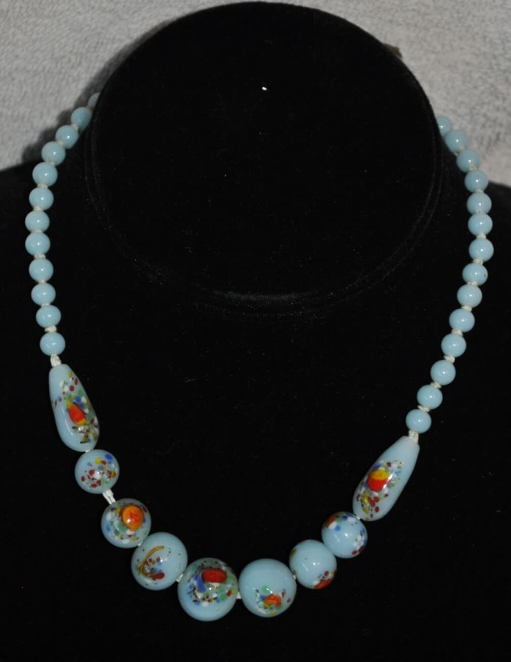 estate vintage Art Glass Hand Knotted Necklace Japan Blue Floral Beads