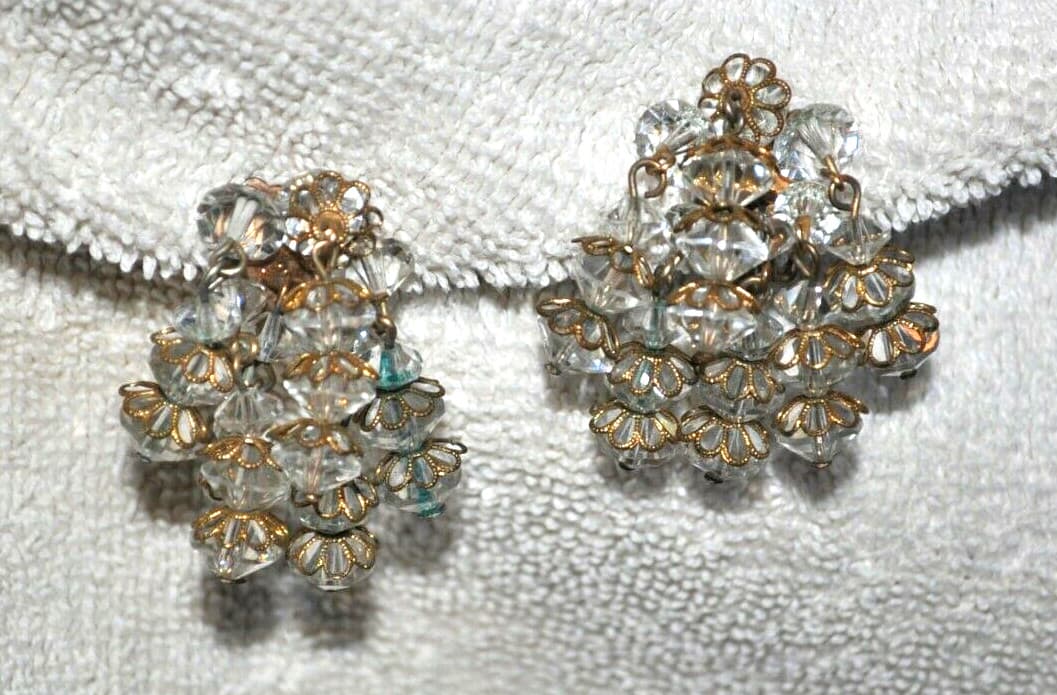 Vintage Crystal Bead Cluster Rhinestone Dangle Earrings Faceted Cut