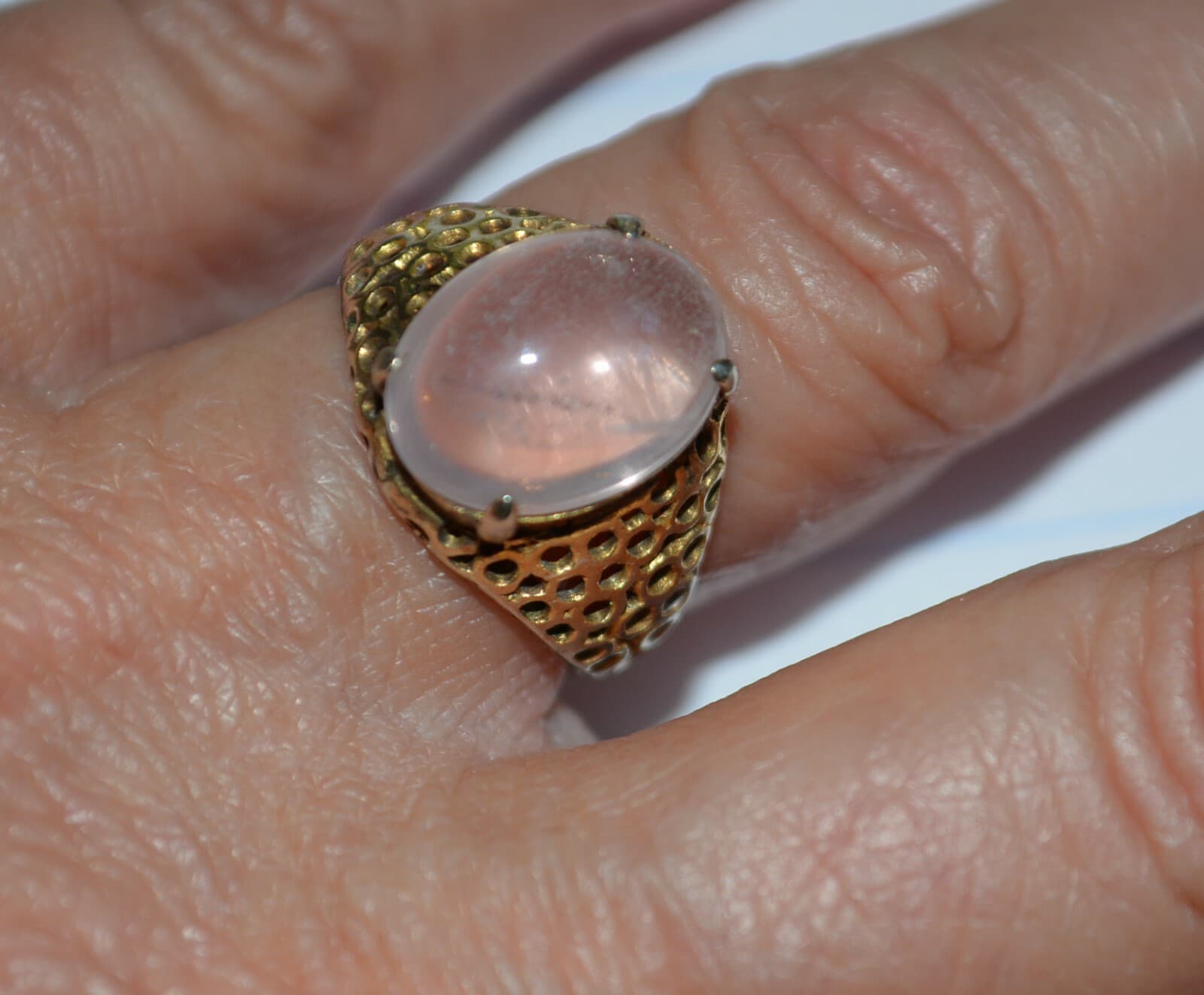 vintage Silver rose Quartz Ring Size Adjustable art modern open hole work unique