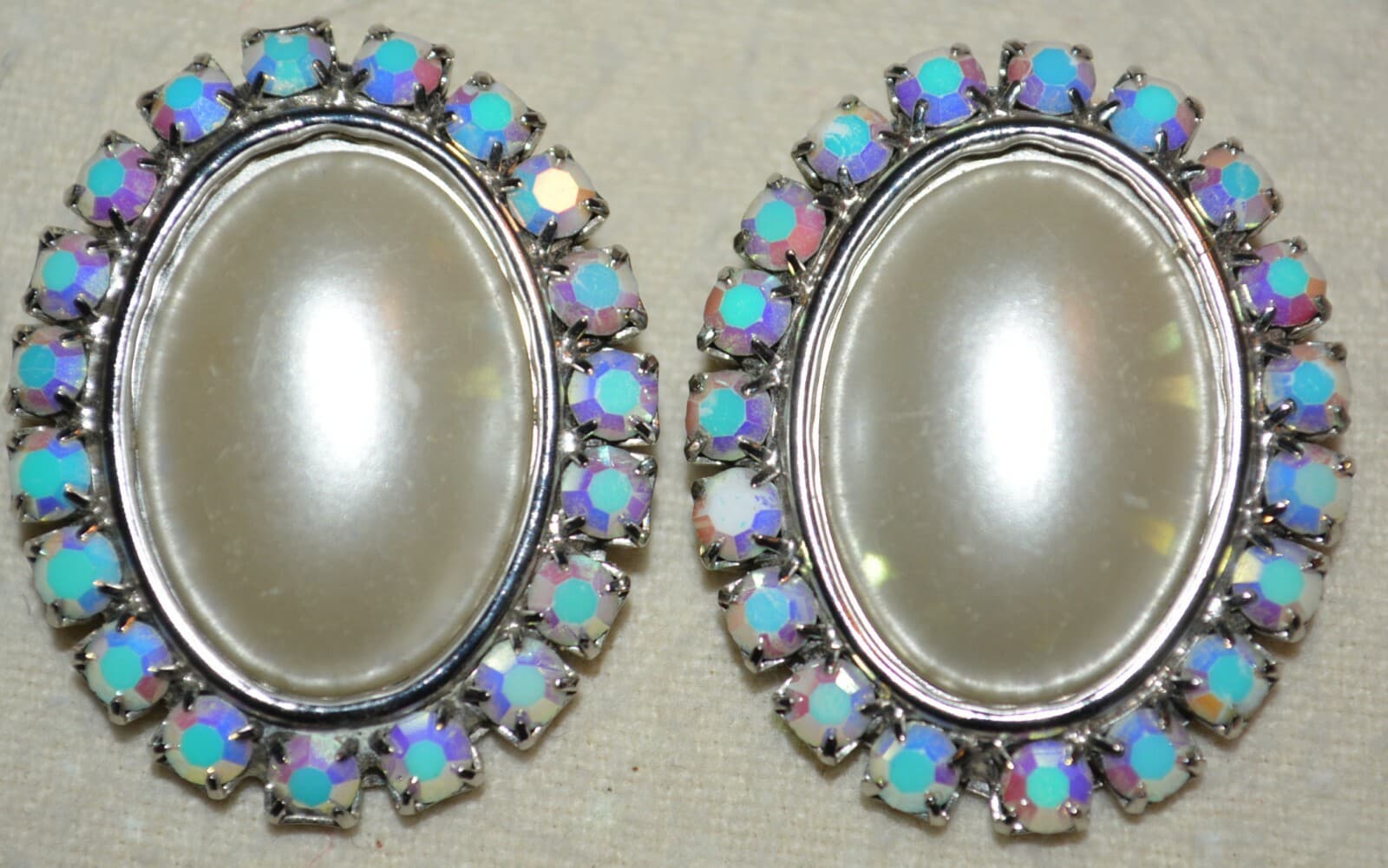 Vintage Silver Kirks Folly Rhinestone Crystal Pearl jumbo ICONIC Clip Earrings