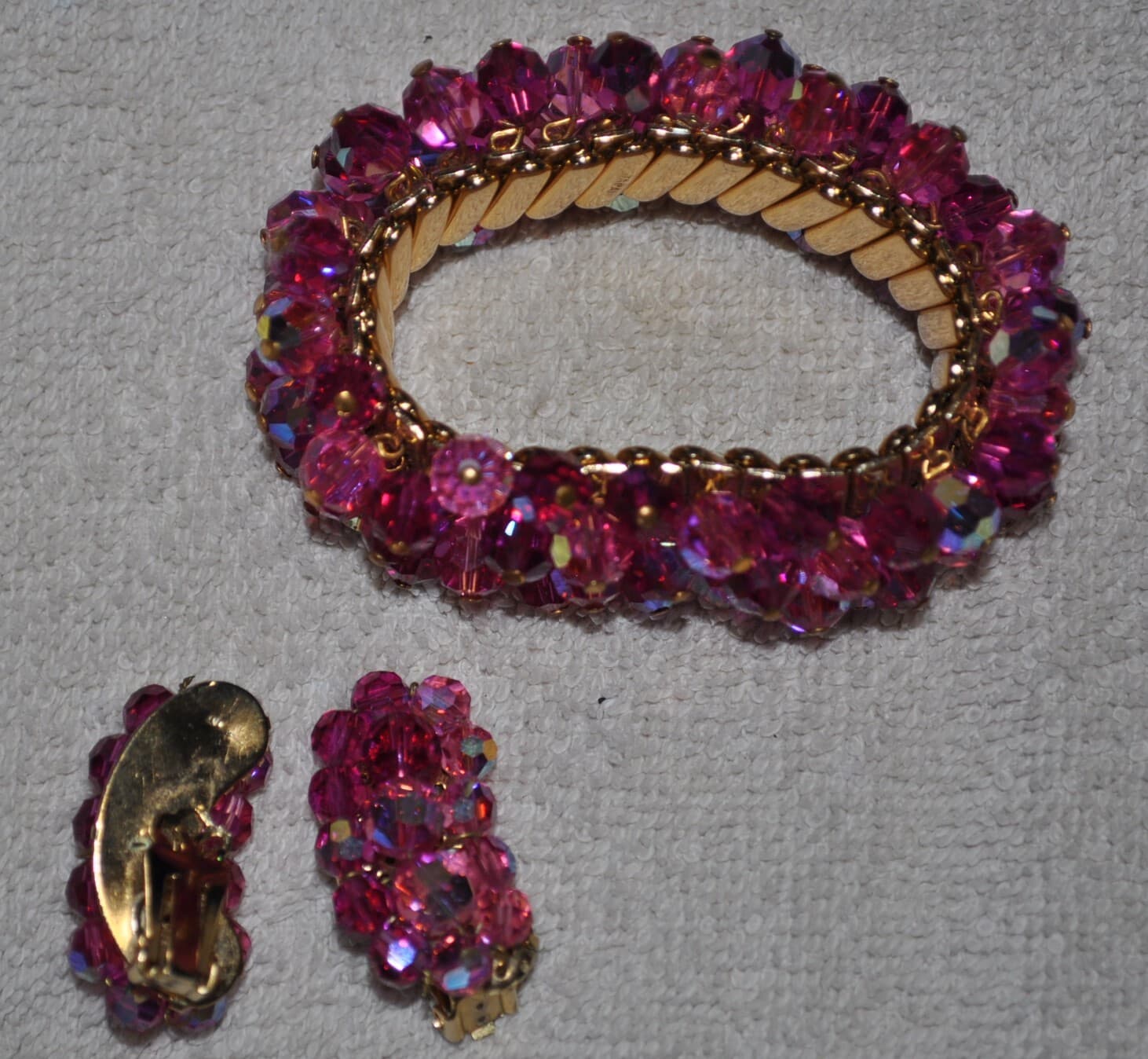 Crystal Beaded Expansion Bracelet PINK Aurora Borealis & earrings Magical