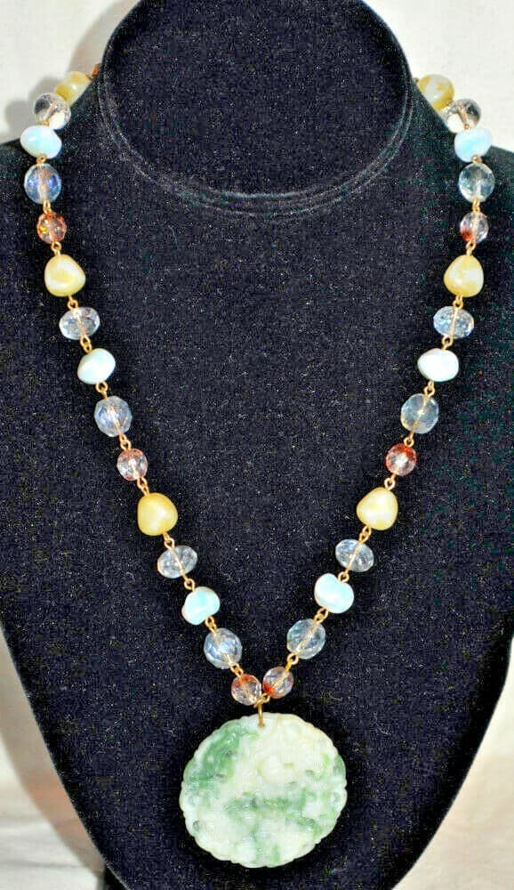 Joan Rivers Jade Carved Dragon Pendant Crystal Bead Necklace koi fish