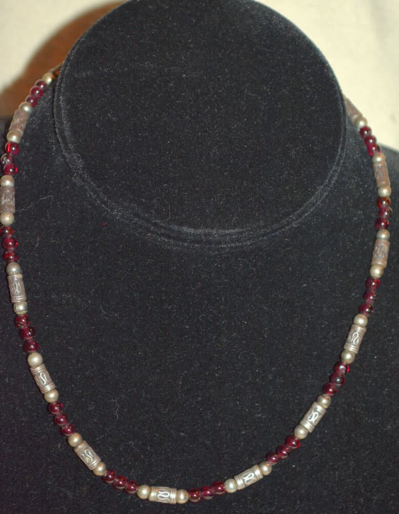 Sterling Silver Necklace Garnet Beaded Ethnic Handmade 16” adjustable closure