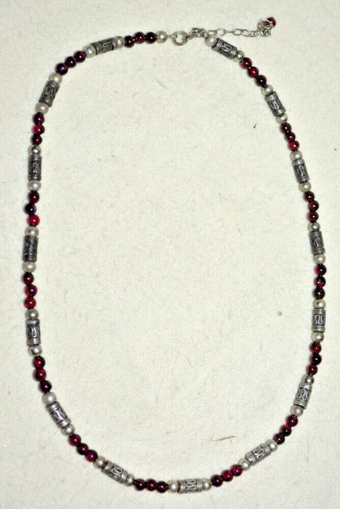 Sterling Silver Necklace Garnet Beaded Ethnic Handmade 16” adjustable closure
