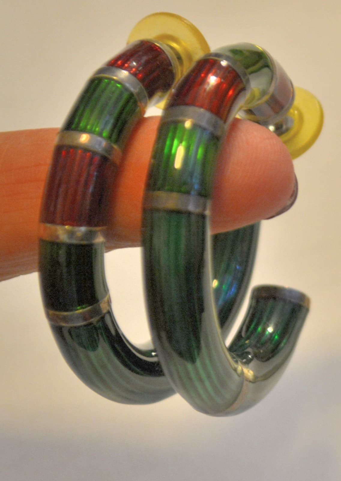 Vintage Sterling Silver 925 Red Emerald Green Enamel Hoop Earrings HUGE (20g)