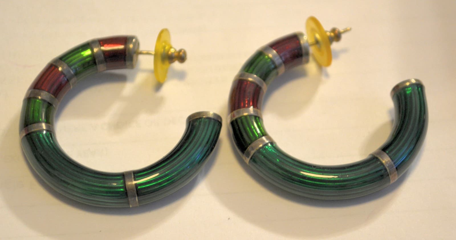 Vintage Sterling Silver 925 Red Emerald Green Enamel Hoop Earrings HUGE (20g)
