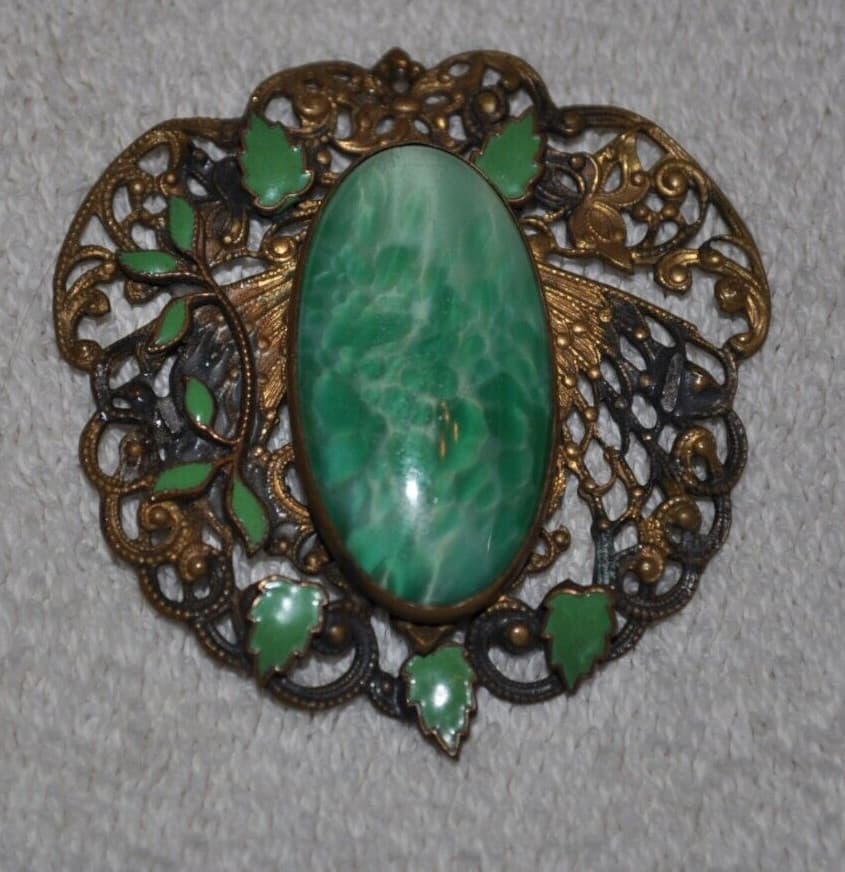 Vintage Enamel Brooch Pin Czech green damage