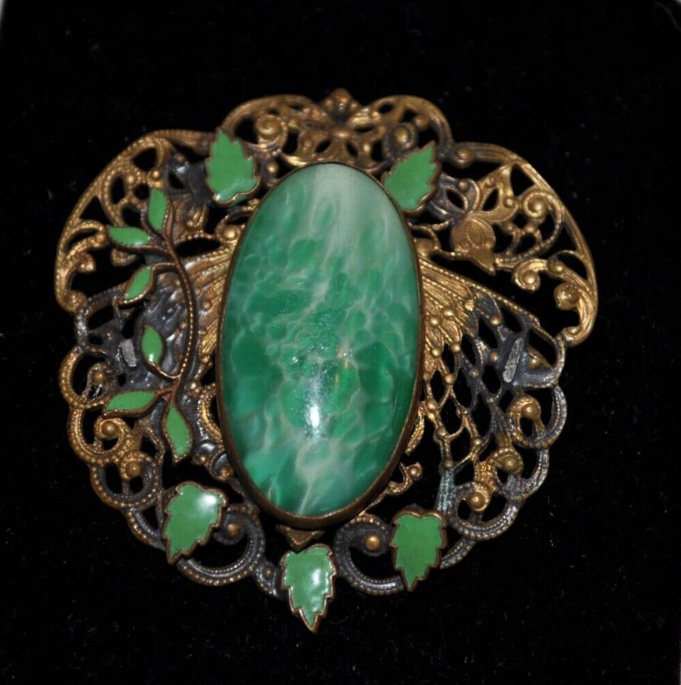 Vintage Enamel Brooch Pin Czech green damage