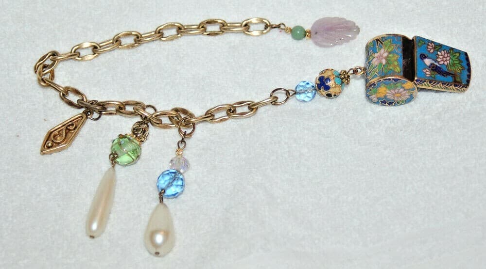 vintage Cloisonné Enamel Whistle Pendant Jade chatelaine delightful brass