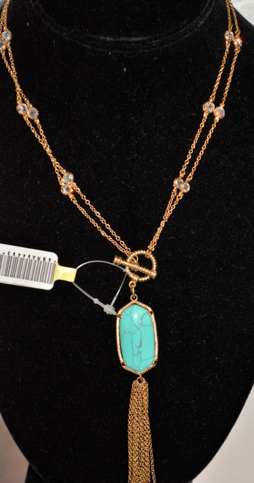 gold TONE CHAIN NECKLACE TURQUOISE TASSLE PENDANT cubic by the yard NEW NWT