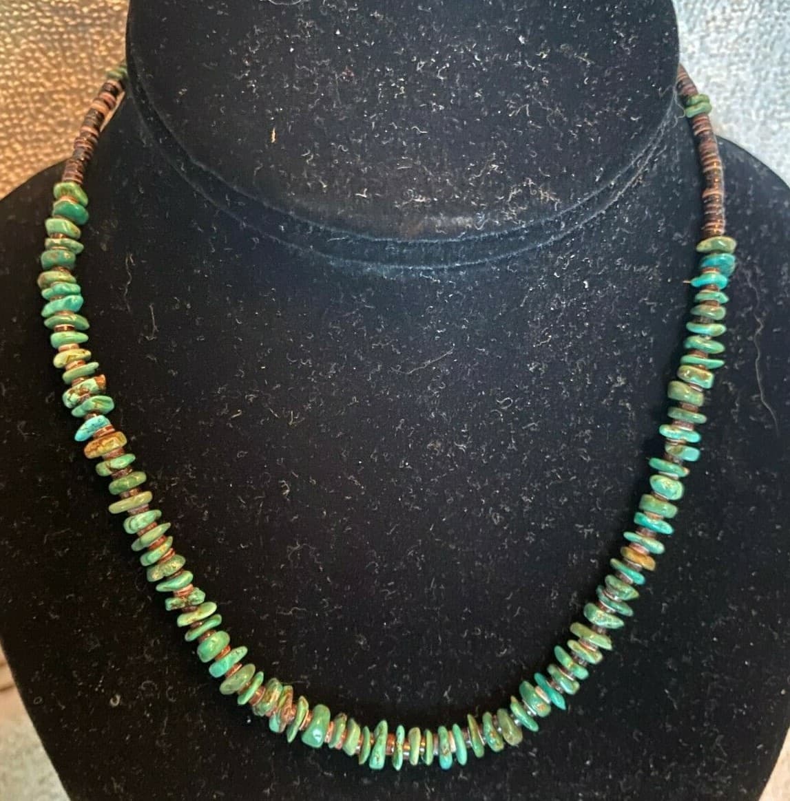 Santo Domingo Turquoise Nugget and Shell Heishi Necklace 16 Inches Long