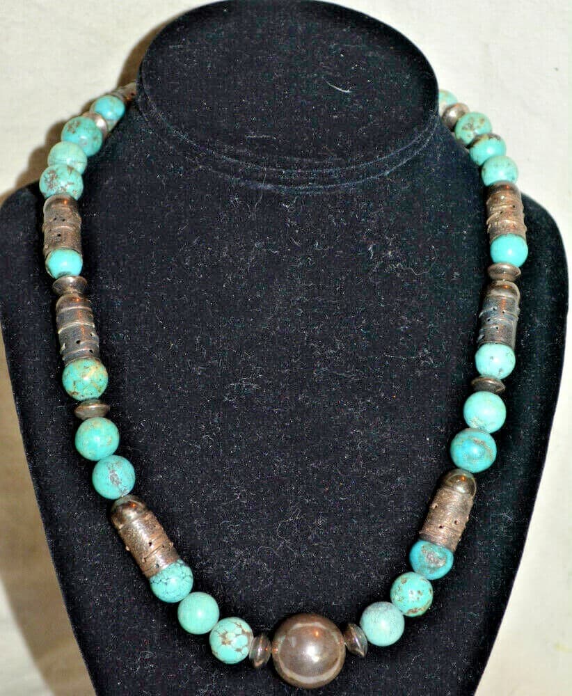 genuine Turquoise rounded beads and sterling silver statement Necklace organic