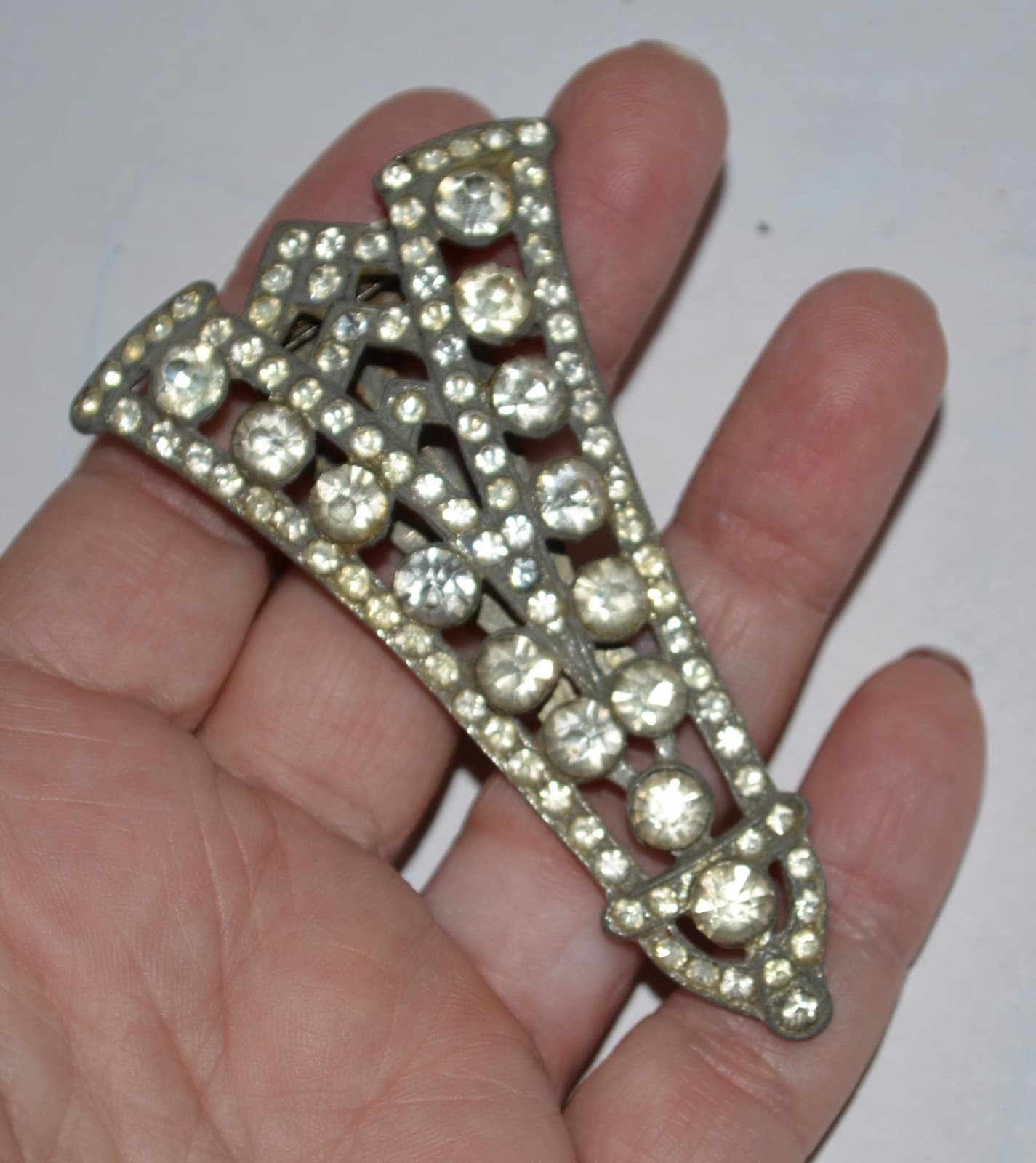 Vtg Antique Fur Dress Clip Pin RUNWAY HUGE 3.25" Long Clear Rhinestone art deco