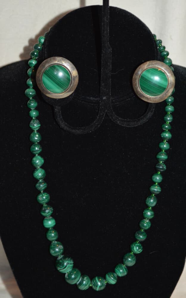 Malachite Sterling Silver Earrings Disc Saucer Signed & necklace graduated beads