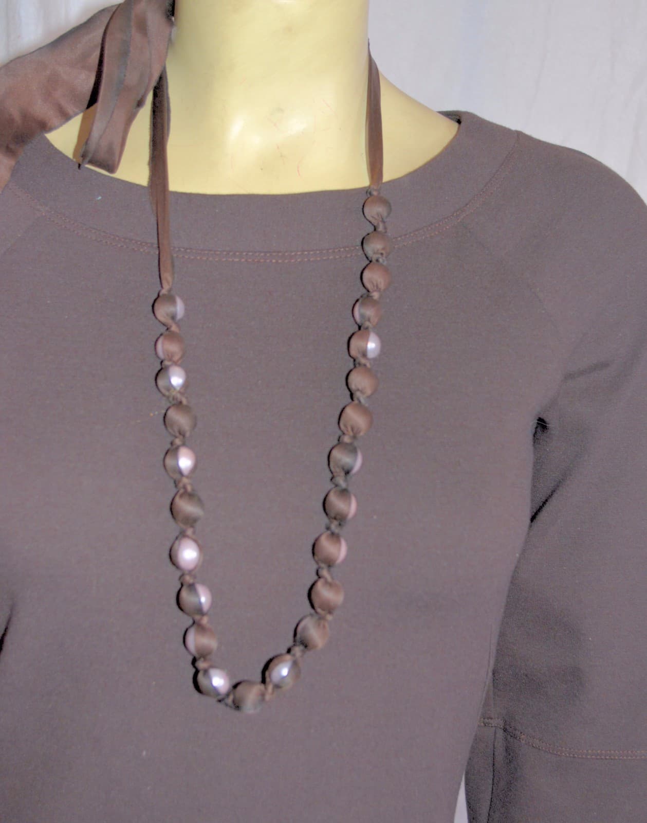 Necklace Brown silk Ribbon White Faux Pearl Long Strand Statement