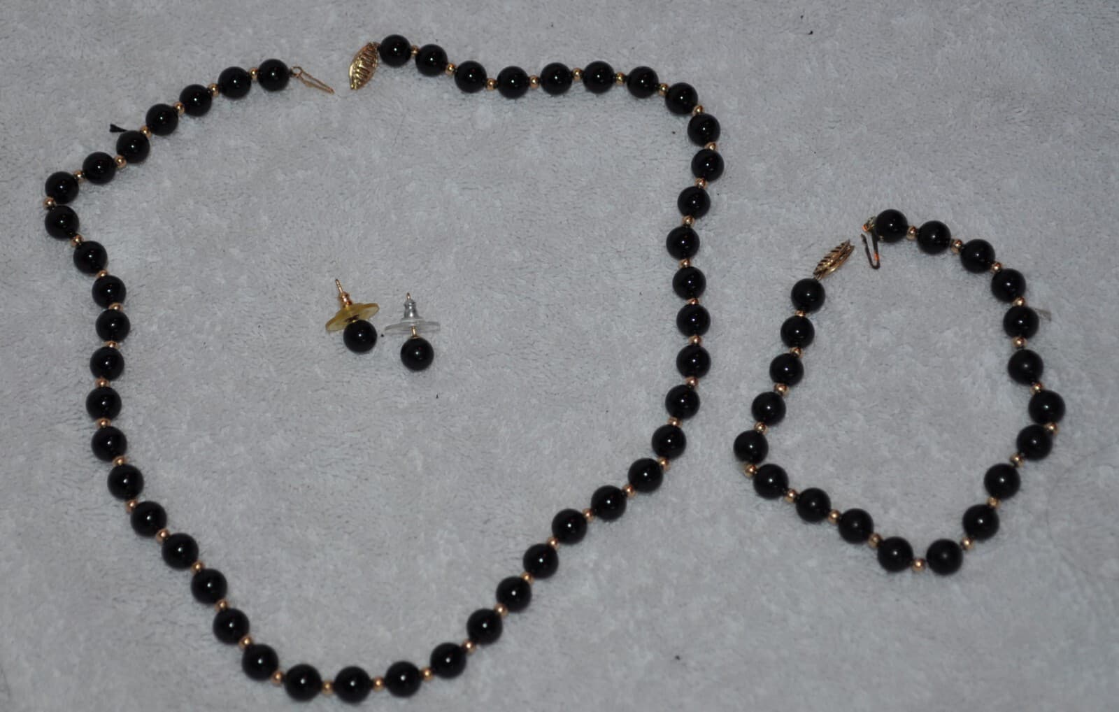 Vintage Black Onyx Necklace 10k Gold Accent Beads & Clasp BRACELET earrings set