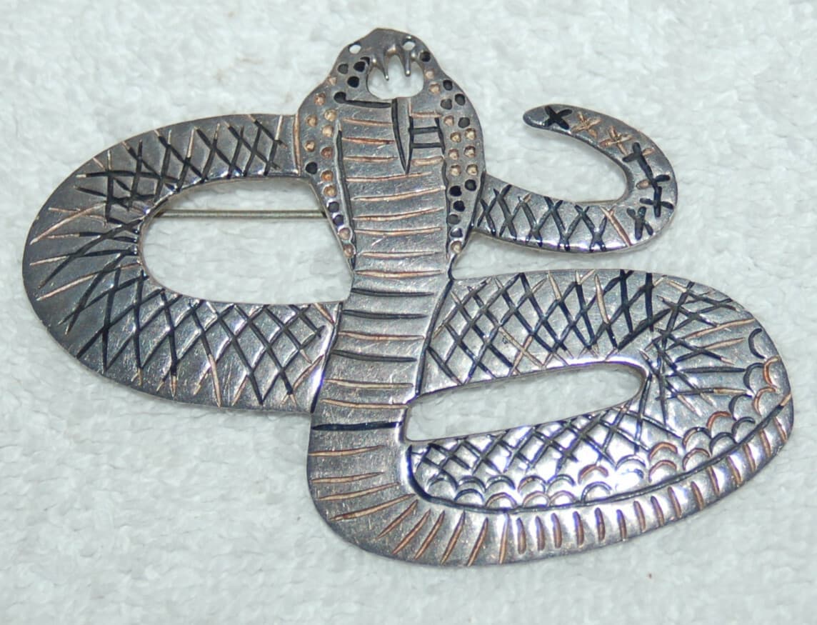 Large Vintage Sterling Silver Cobra Snake Brooch Large Taxco Mexico 925 11 grams