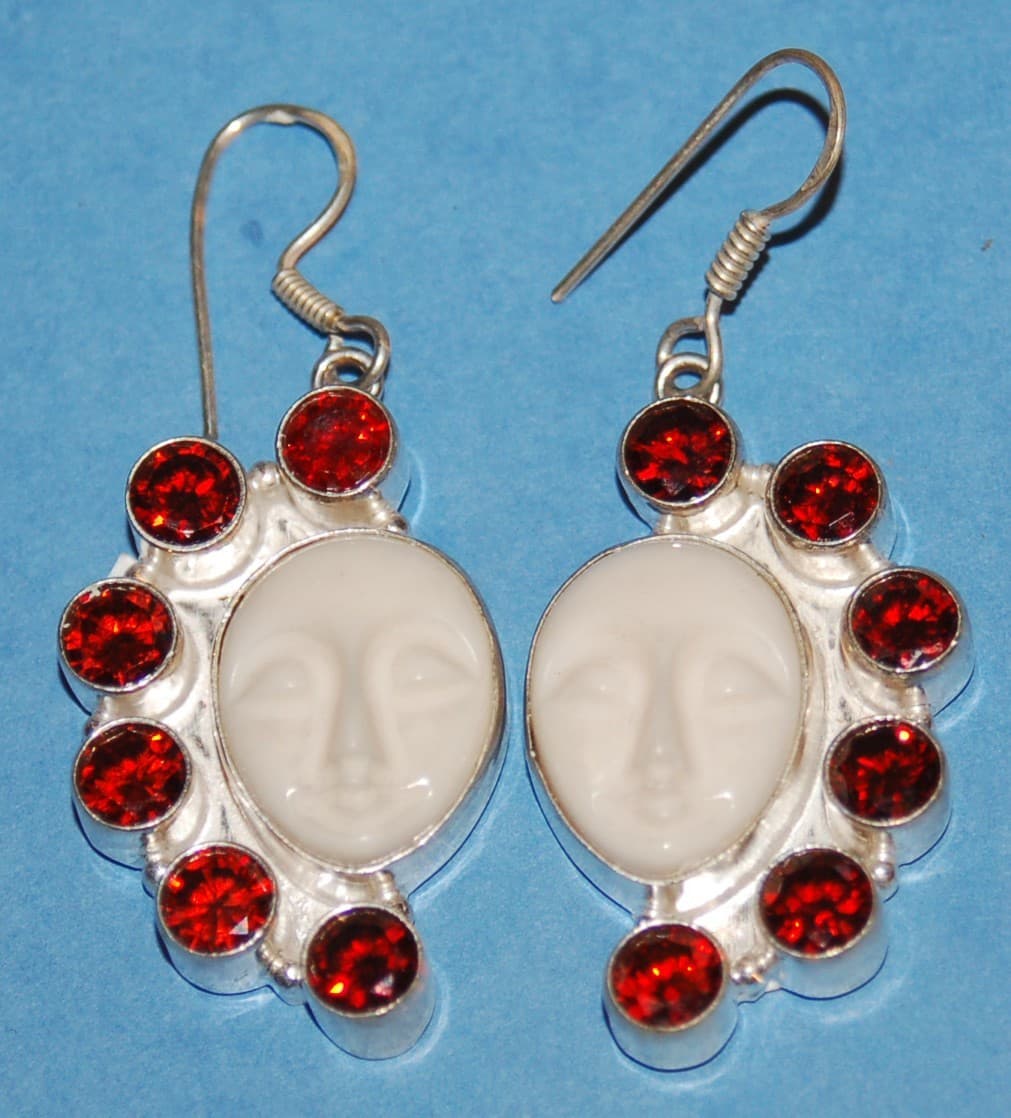 NEW CARVED FACE cream jasper & GARNET stone dangle EARRINGS 1 1/2"