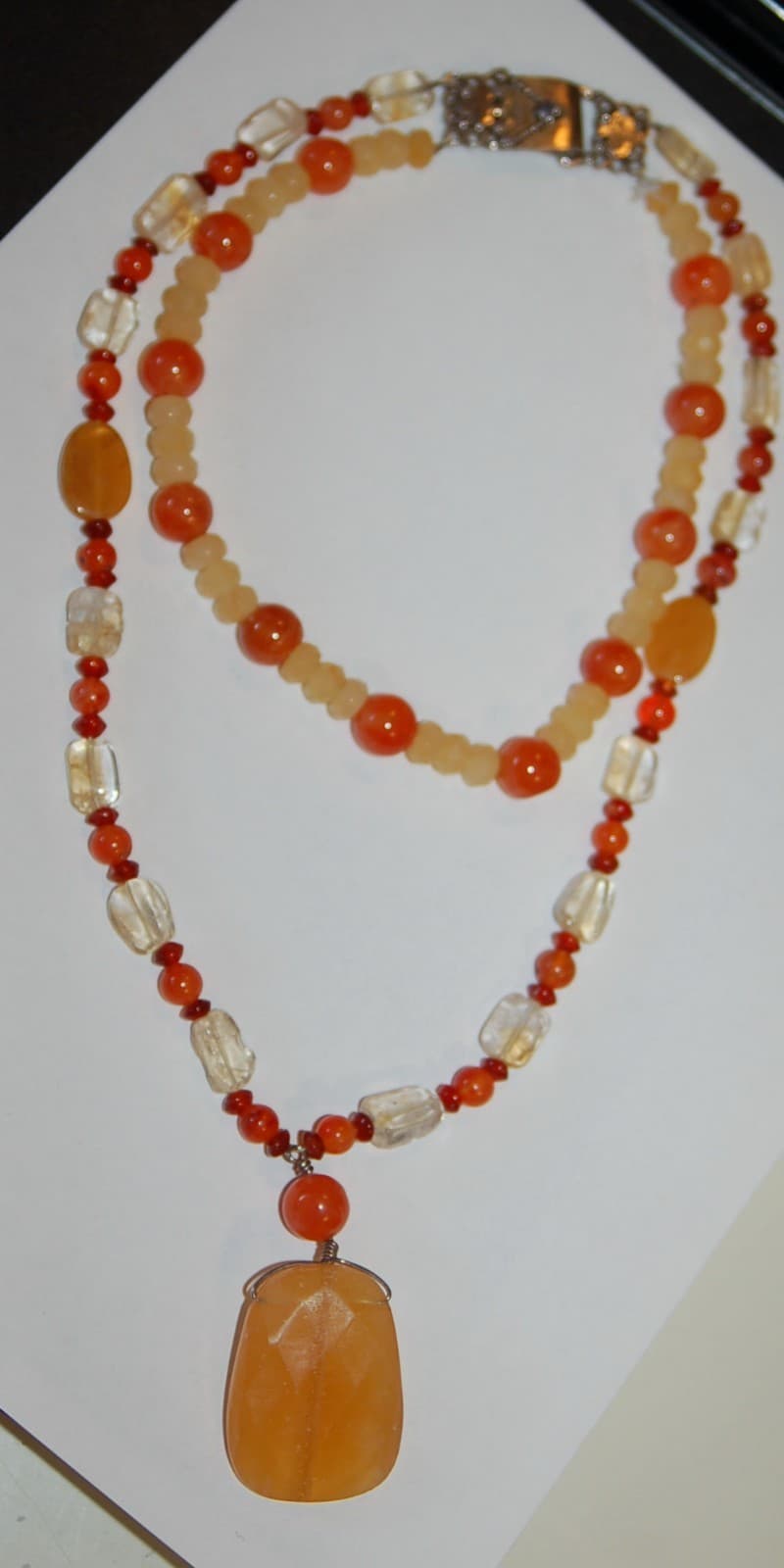 large BEAD NECKLACE OPAL & AMBER GLASS BEADS sterling silver ornate clasp