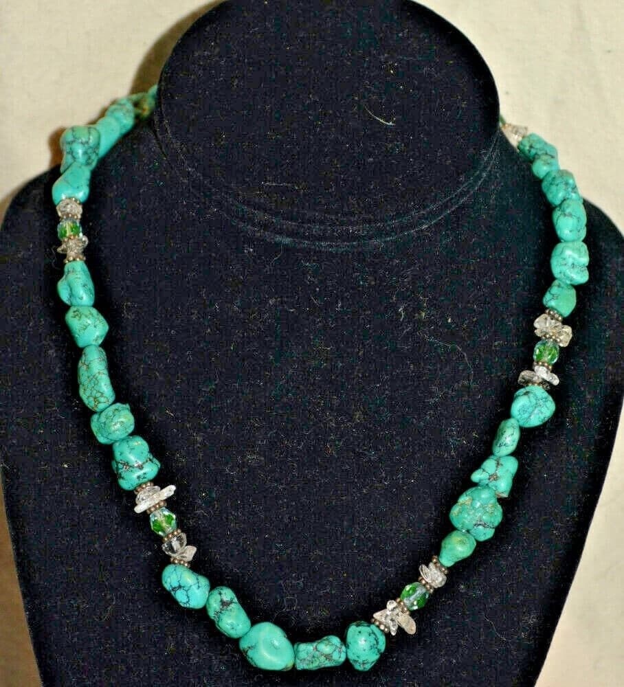 vintage natural turquoise nugget beads sterling silver crystal necklace 18 incl