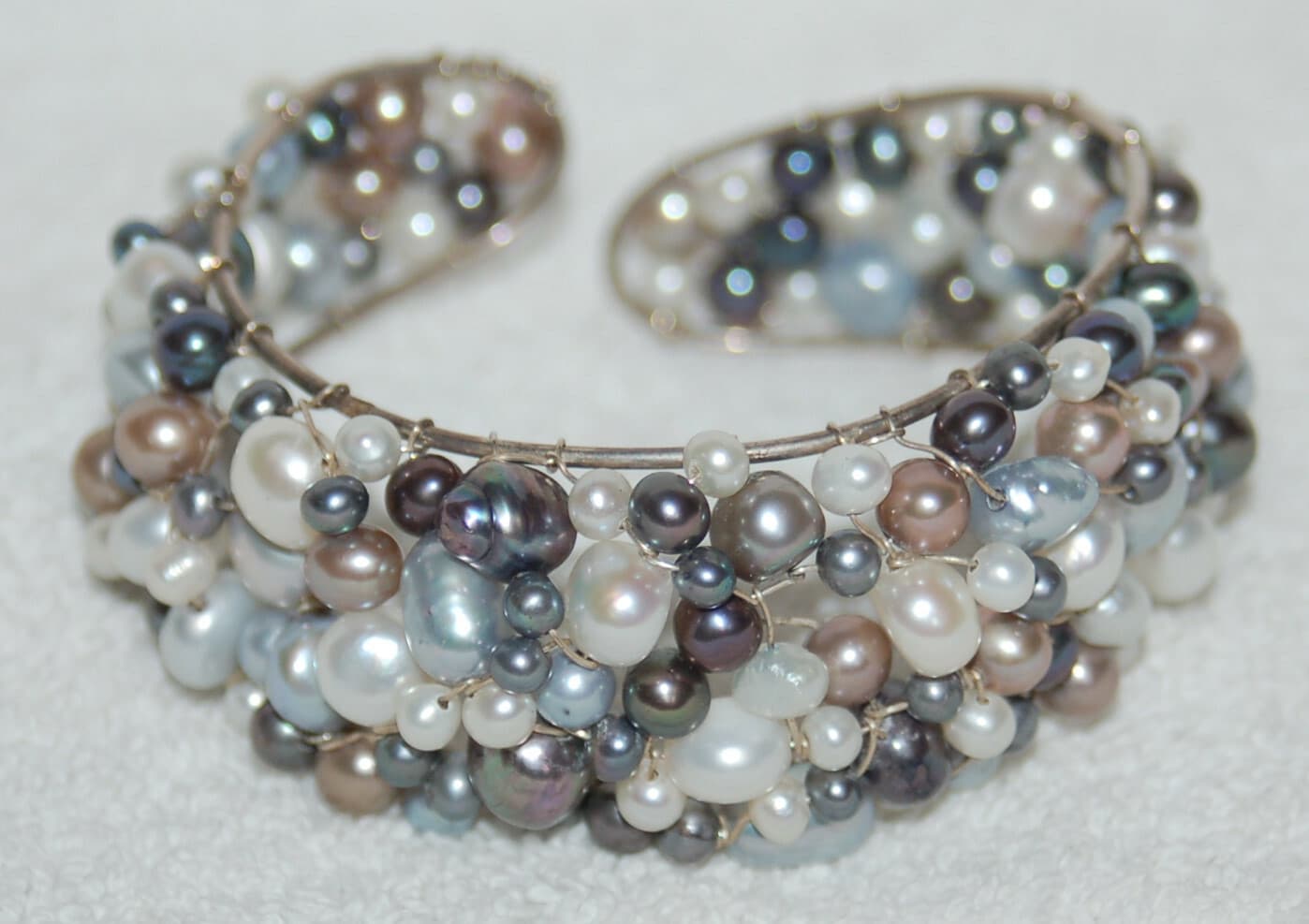 Vintage Crochet silver genuine Freshwater Pearl Cuff bracelet