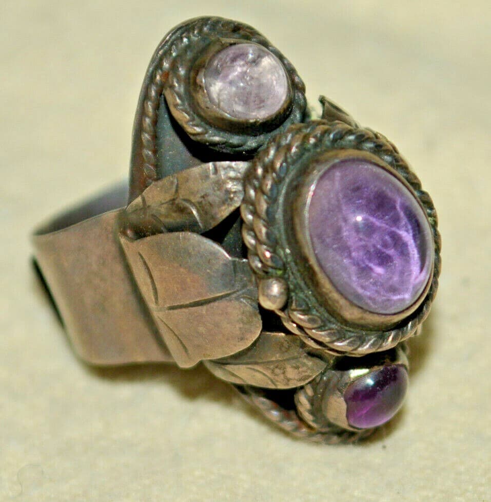 Vintage Huge Mexico Hidden Poison Sterling Silver Amethyst Ring adjustable
