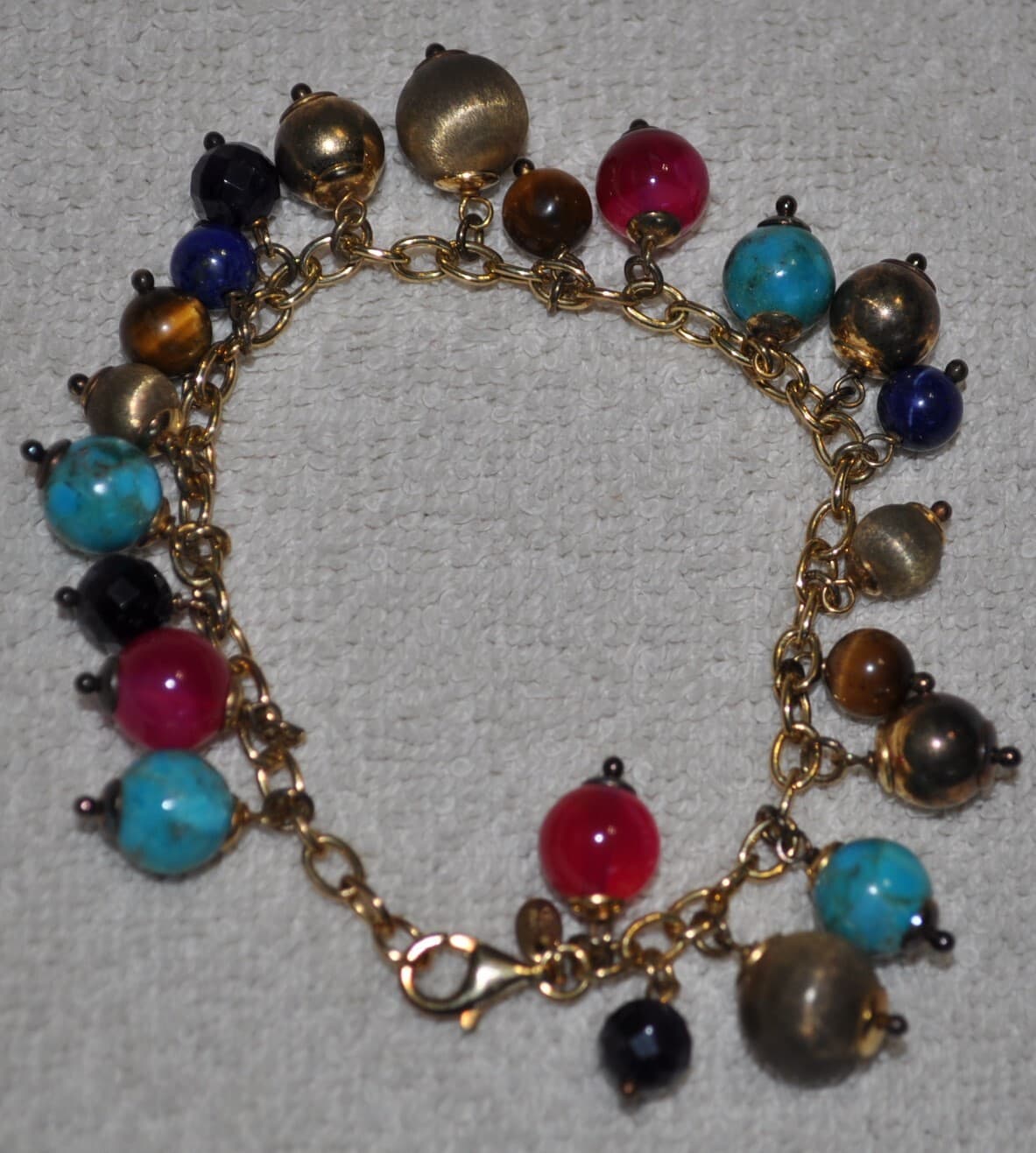 18k Gold Clad (925) Itaor Italy real Gemstone Beaded Charm Bracelet balls